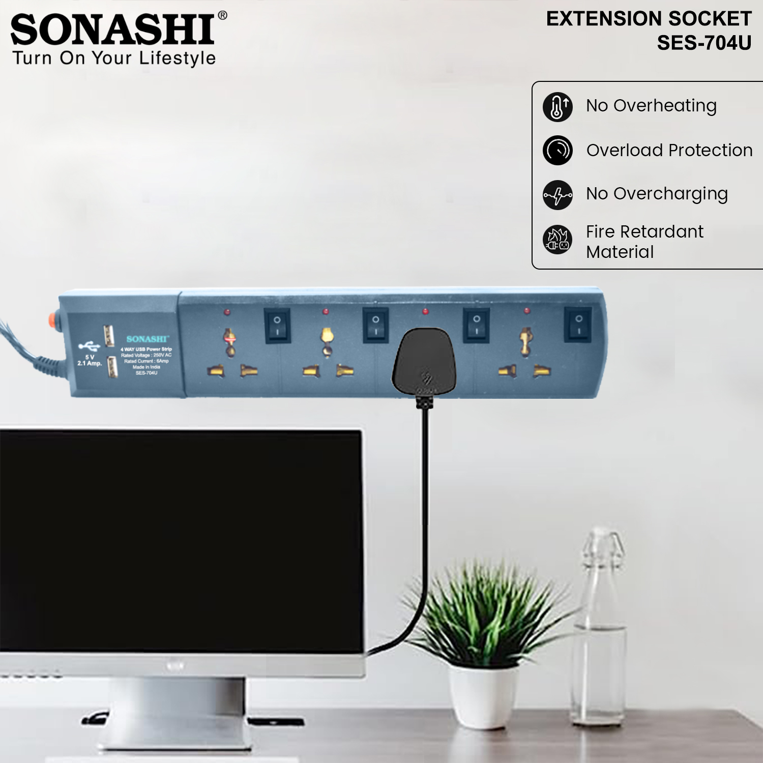 4 Ways Extension Socket 2 USB SES-704U Grey - Sonashi Electronic